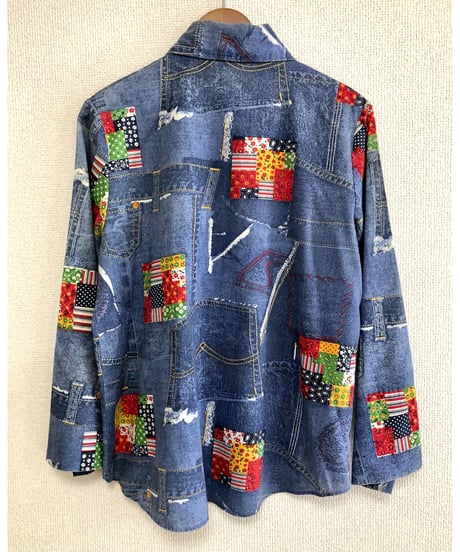 70's denim patchwork print shirt