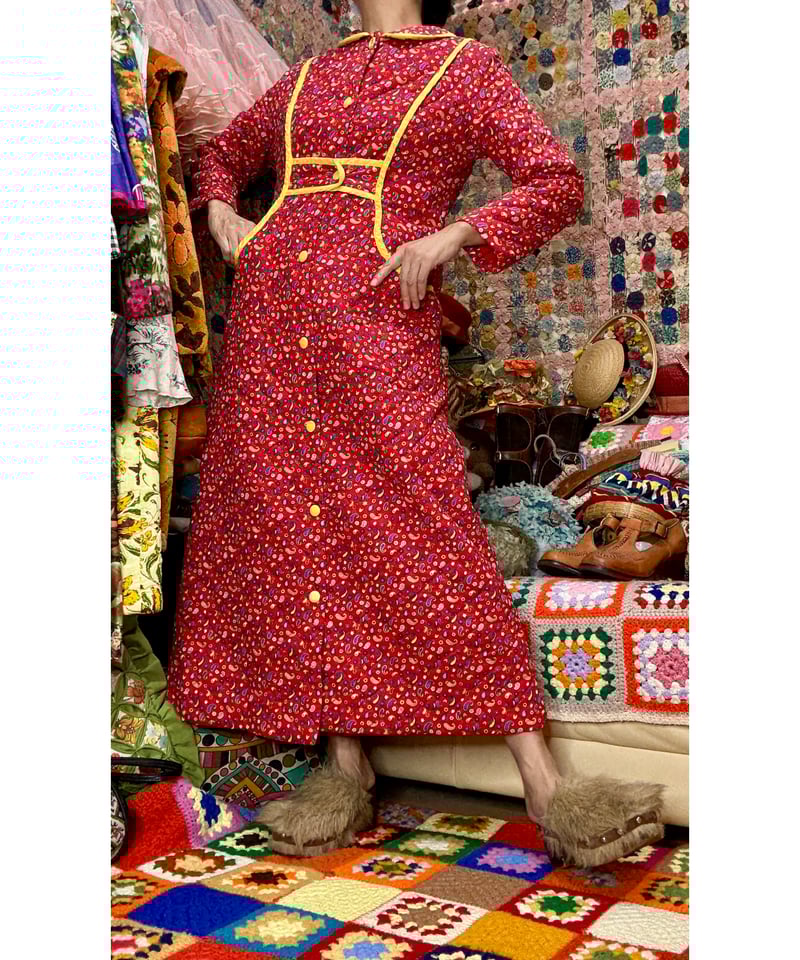70s flower&checkered quilting ワンピース 70s flower&checkered