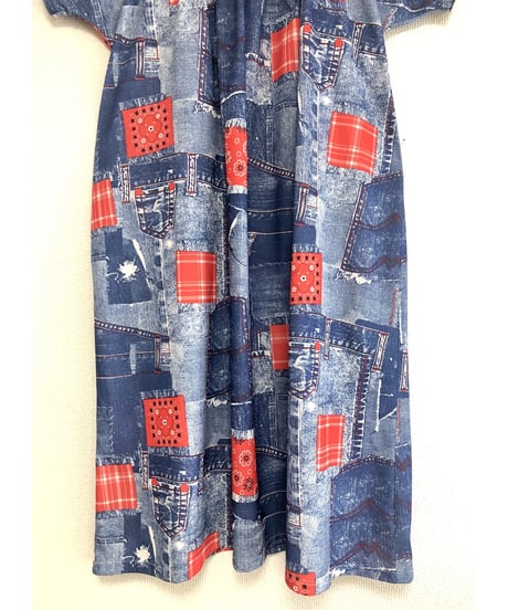 70's denim patchwork print dress