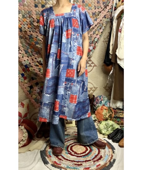 70's denim patchwork print dress