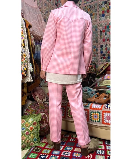 70s gingham polyester 2pc（jacket & pants）