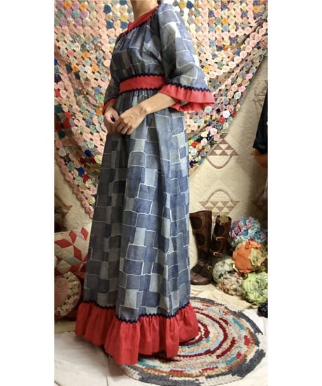 60-70's denim patchwork print dress