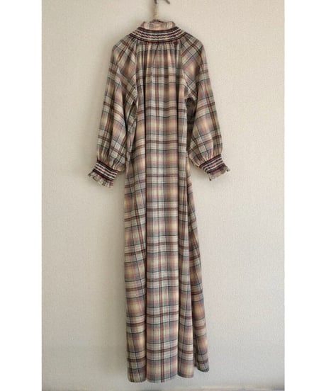 1970's shirring plaid  one-piece