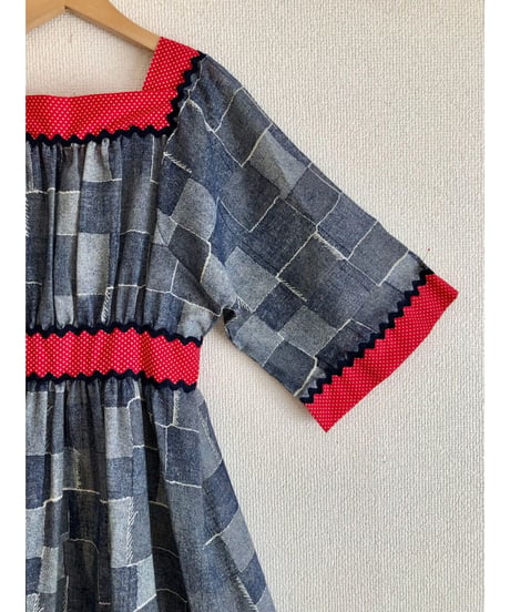 60-70's denim patchwork print dress