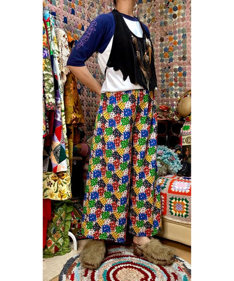70s patchwork print wide leg pants