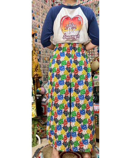 70s patchwork print wide leg pants