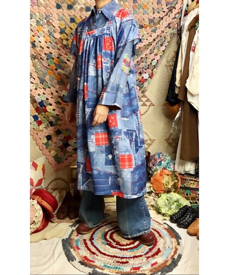 70's denim patchwork print dress