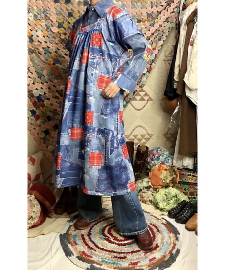 70's denim patchwork print dress