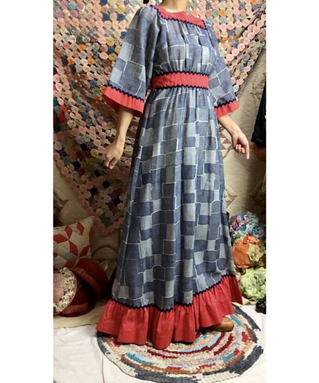60-70's denim patchwork print dress