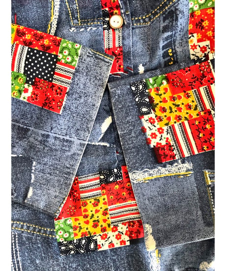 70's denim patchwork print shirt
