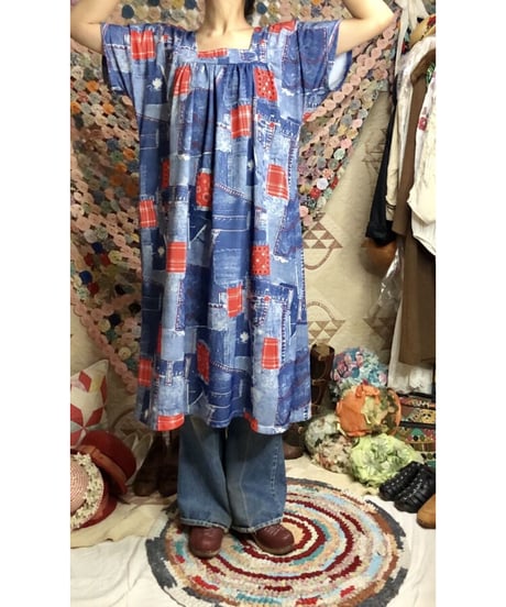70's denim patchwork print dress
