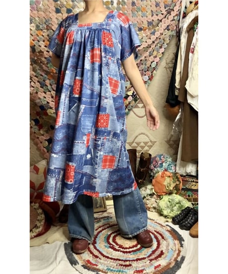 70's denim patchwork print dress