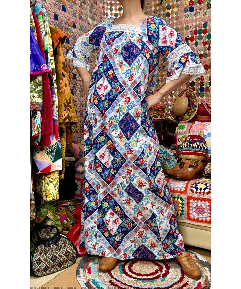 70s ロンドン ヴィンテージ フラワー プリント コットン マキシ ドレス 70s flower print dress | Quilt