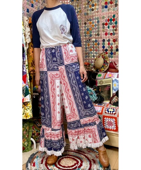 70s bandanna print wide leg pants