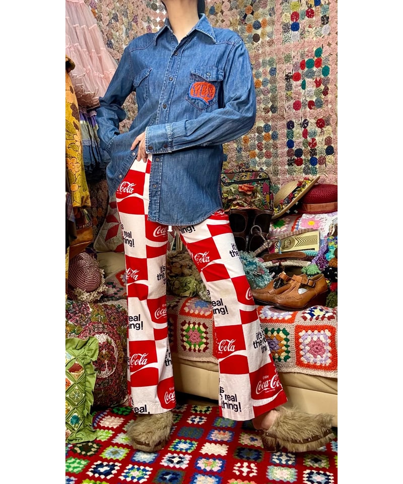 Coca-Cola ラグリメイクパンツ ワイド フリンジ ウエストゴム 一点物 70s coca-cola print cotton pants | Quilt