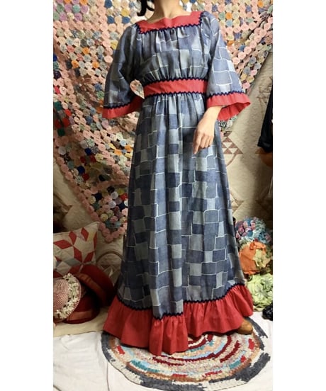 60-70's denim patchwork print dress