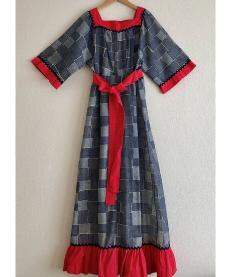 60-70's denim patchwork print dress