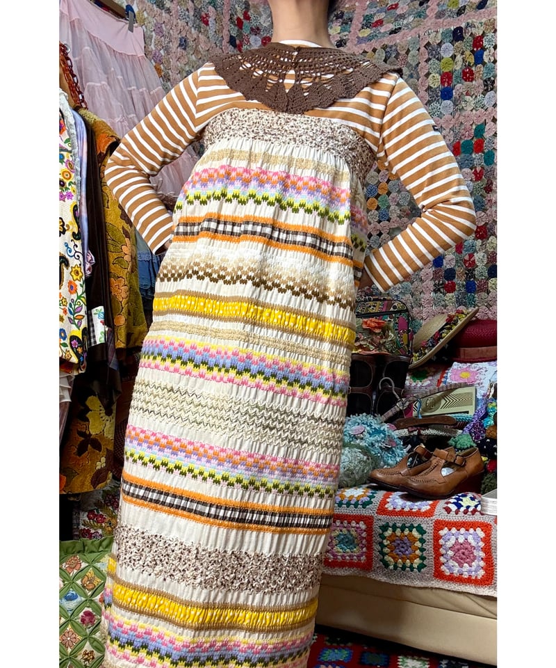 70s embroidered ribbon work skirt | Quilt