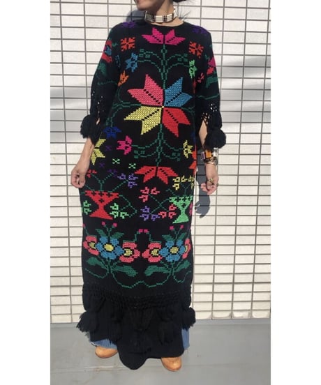 1960-70's hand embroidered cross-stitch flower one-piece