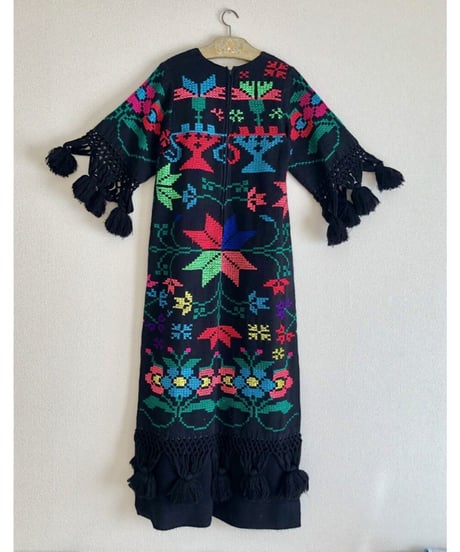 1960-70's hand embroidered cross-stitch flower one-piece
