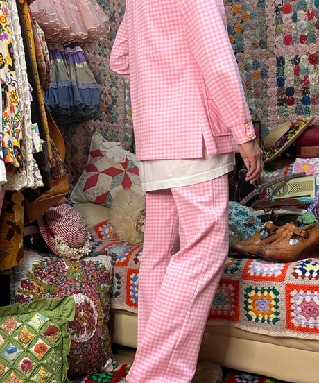 70s gingham polyester 2pc（jacket & pants）