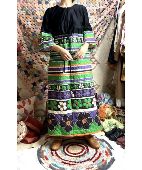 60's quilting stripe × flower dress