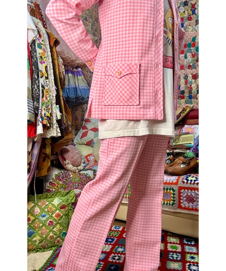 70s gingham polyester 2pc（jacket & pants）