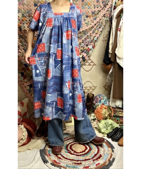 70's denim patchwork print dress