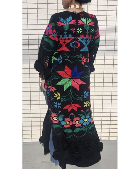 1960-70's hand embroidered cross-stitch flower one-piece