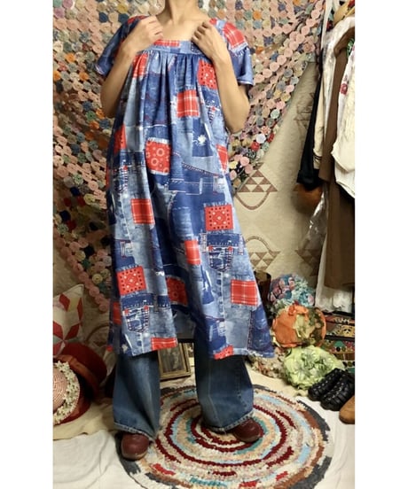70's denim patchwork print dress