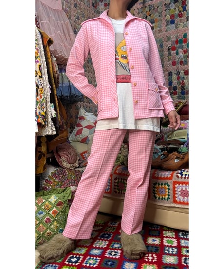 70s gingham polyester 2pc（jacket & pants）