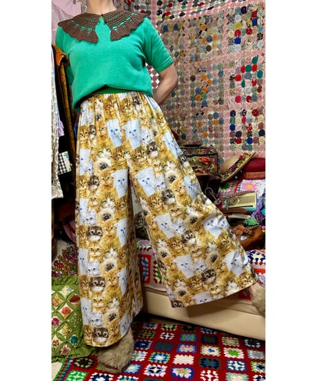 cats print super wide leg pants