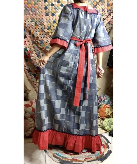 60-70's denim patchwork print dress