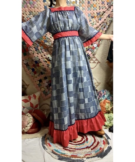 60-70's denim patchwork print dress