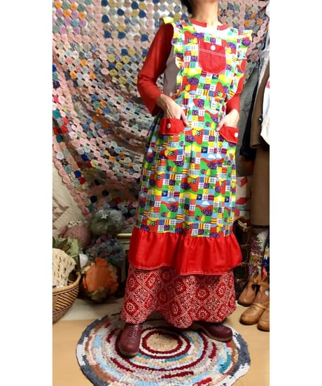 70s patchwork print apron dress