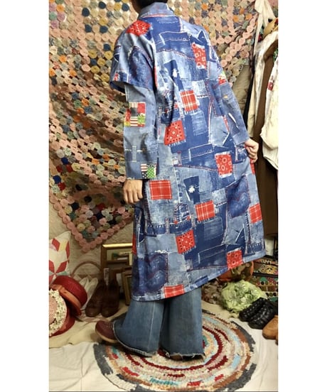 70's denim patchwork print dress