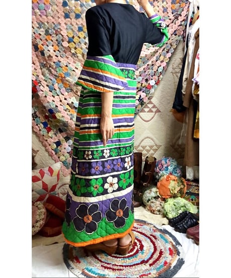 60's quilting stripe × flower dress