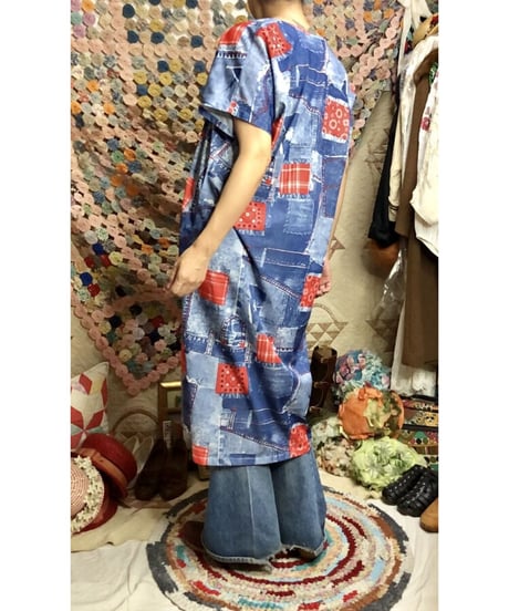 70's denim patchwork print dress