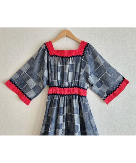 60-70's denim patchwork print dress