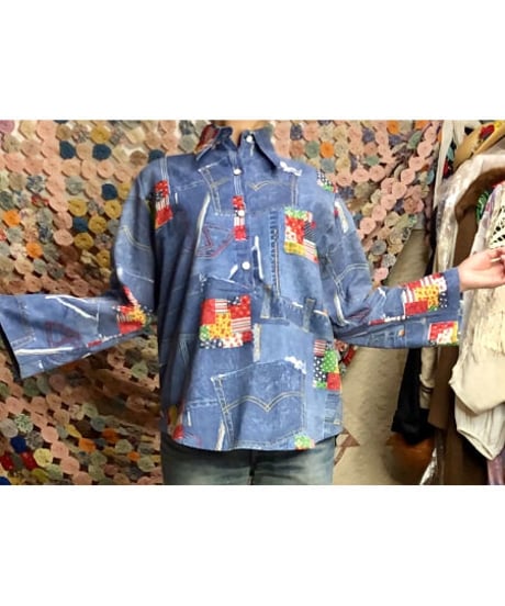 70's denim patchwork print shirt