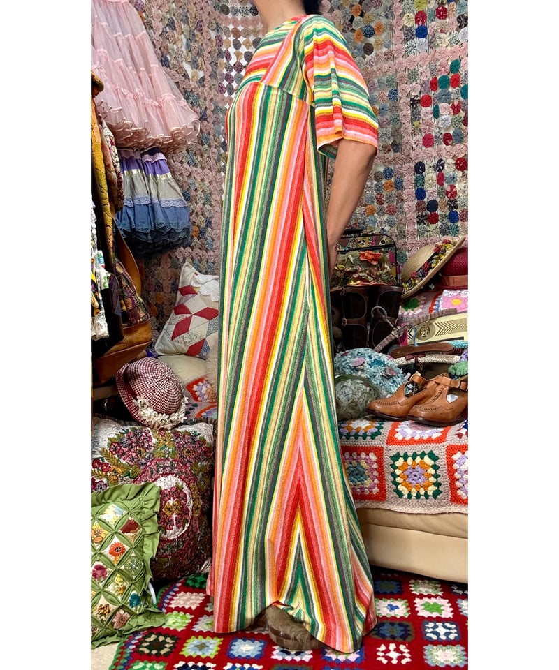 70s USA古着 パイル生地 ワンピース マキシ丈 ストライプ vintage 70s stripe pile dress | Quilt