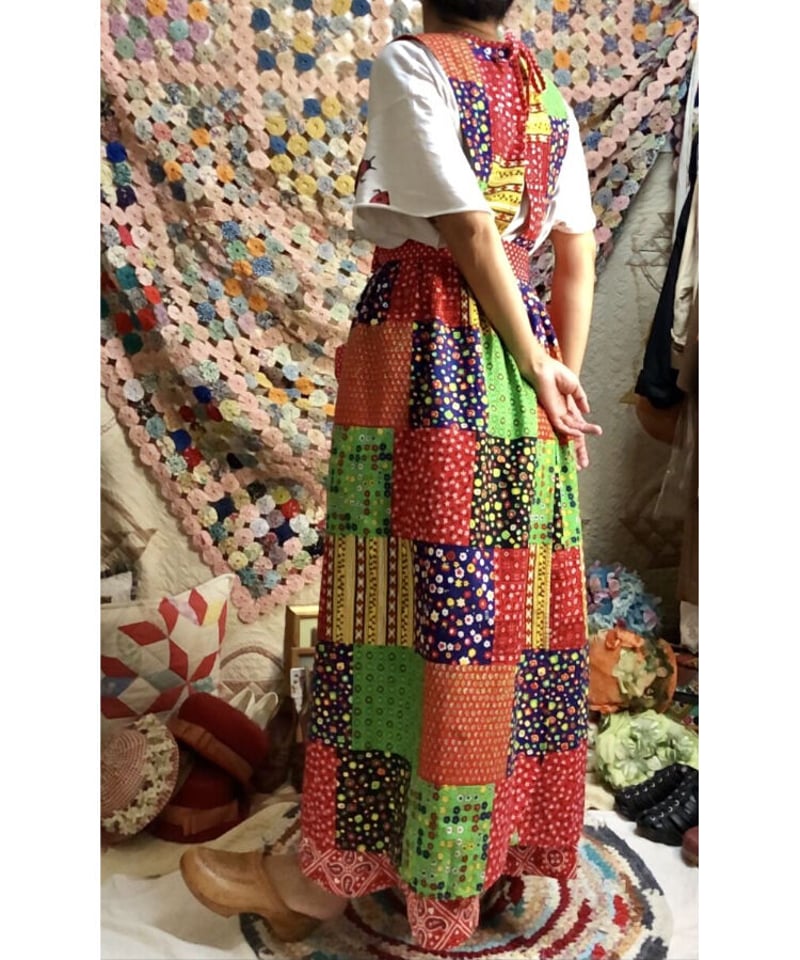 70s ビンテージパッチワーク柄スカート エプロンワンピース