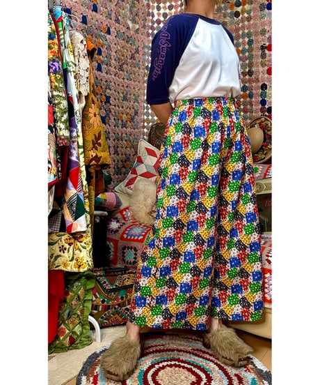 70s patchwork print wide leg pants
