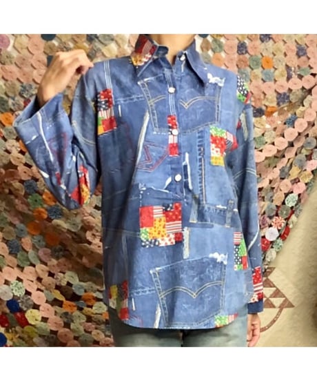 70's denim patchwork print shirt