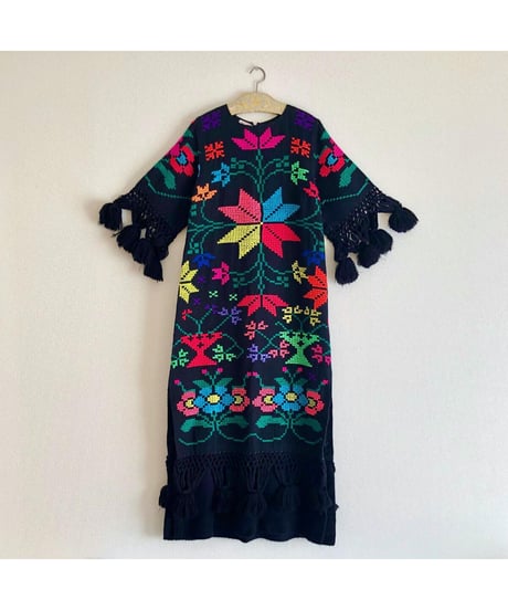 1960-70's hand embroidered cross-stitch flower one-piece