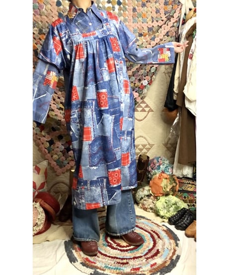 70's denim patchwork print dress