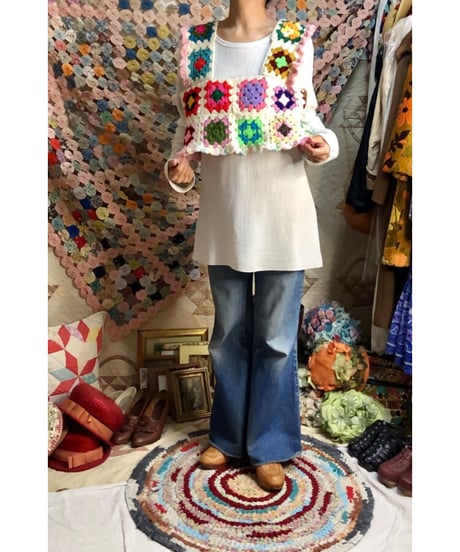 granny square vest white×pink