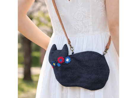 新作＊斜め掛け お花モチーフ仔猫バッグ＊ワイン＆ブルー