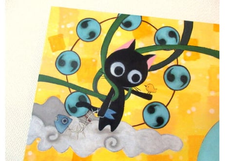 かつきかずお 額装絵画  F6号＊桃富士と風ニャン雷ニャン＊