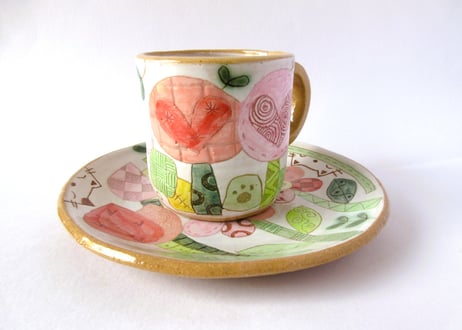 安藤喜代子　パッチワークネコのコーヒーカップ＊ピンクC